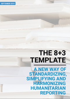 A cover page with the text 'The 8+3 template: A new way of standardizing, simplifying and harmonizing humanitarian reporting. The cover image is of a stack of books.