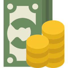 An icon depicting bank notes and two stacks of coins.
