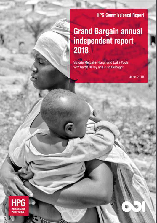 The cover of the Grand Bargain annual independent report 2018, depicting a woman carrying a young child against her shoulder.